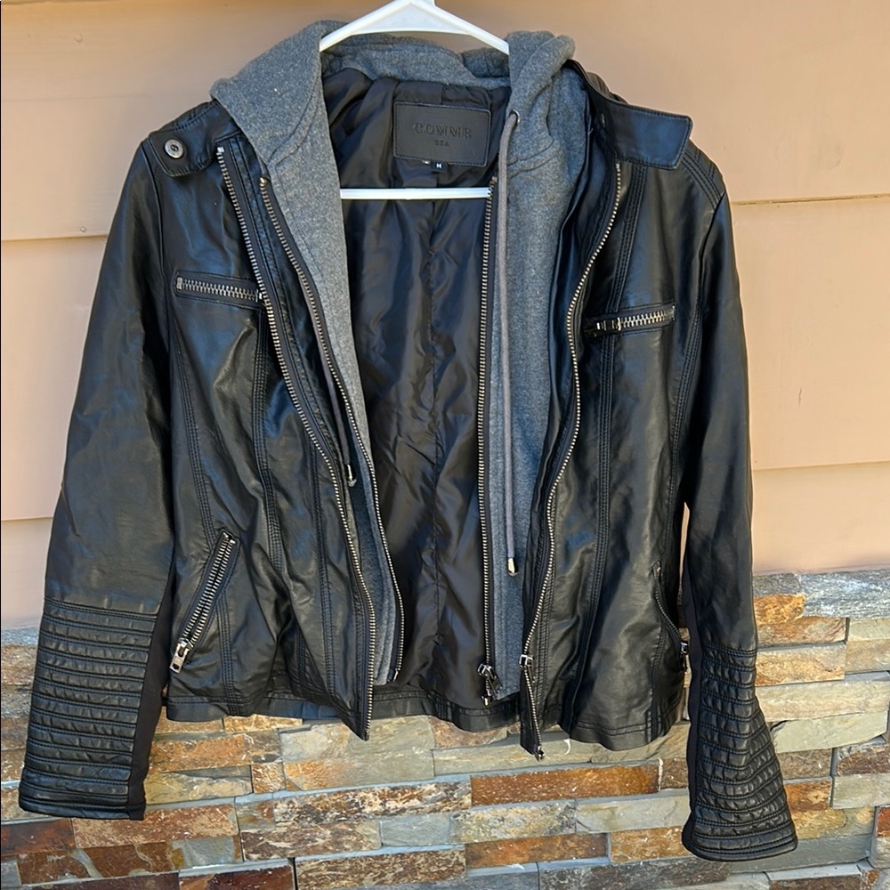 COMME NWOT Leather Jacket with Gray Hoodie! Adorable Awesome Soft . Size M